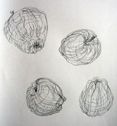 three drawings of apples are shown in black and white, each with a string wrapped around them