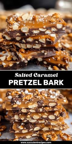 salted caramel pretzel bark is stacked on top of each other