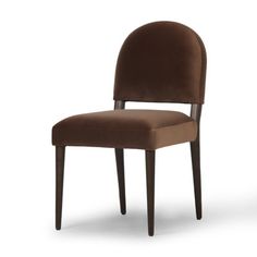 an upholstered dining chair with a brown velvet seat and backrest, viewed from the front