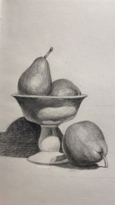 a pencil drawing of two pears in a bowl on a white paper with a shadow