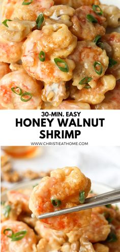 some food that is on top of a plate with chopsticks in it and the words, 30 min easy honey walnut shrimp