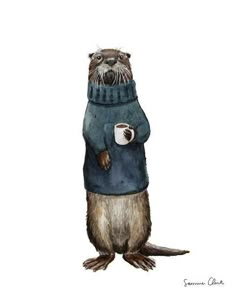 a watercolor painting of an otter wearing a sweater and holding a cup of coffee