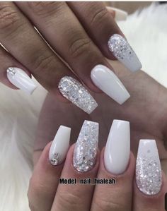 Prom Nails Acrylic Silver, Nails Acrylic Silver, Nails Acrylic White, Prom Nails Acrylic, Rosy Nails, Holiday Acrylic Nails, Nails With Glitter, Acrylic Nail Shapes