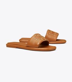 Double T Sport Slide: Women's Designer Sandals | Tory Burch Classic Slides With Calf Leather Footbed, Classic Calf Leather Slides With Leather Lining, Classic Leather Slides, Classic Leather Slides With Stitched Sole, Sleek Leather Slip-on Slides, Classic Slides With Cushioned Footbed, Miller Sandal, Woven Sandals, Tory Burch Sandals