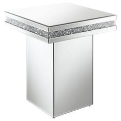 a white table with silver glitter on the top and one drawer in the middle, against a white background