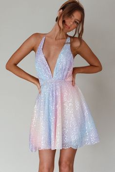 Shop the Floating By Plunging Neckline Mini Dress Sequin Rainbow | Selfie Leslie Rainbow Sequin Mini Dress, Summer Homecoming Sequin Dress With Shimmer, Summer Homecoming Sequin Shimmer Dress, V-neck Sequin Mini Dress For Prom, Sequin V-neck Mini Dress For Prom, V-neck Mini Dress With Contrast Sequin For Prom, Prom Sequin Fabric, Sparkling For Summer, Summer Prom Sequin Fabric With Sparkling Details, Sparkling Sequin Fabric For Summer Prom