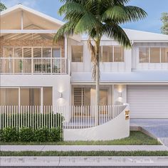 an artist's rendering of a two story house with palm trees in the foreground