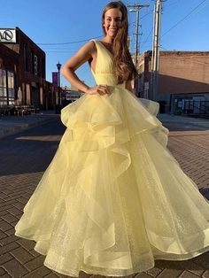 Ball Gown Floor-Length V-neck Ruffles Sleeveless Organza Dresses Sparkly Ball Gown, Yellow Formal Dress, Organza Dresses, Prom Dresses Yellow, Senior Prom Dresses, V Neck Prom Dresses, Prom Dresses Online, Tulle Prom Dress, Gowns With Sleeves