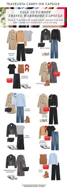 How to pack a 2023 European Fall travel capsule for 10 days - Travelista Travel Capsule Wardrobe Fall, Travel Capsule Wardrobe Spring, Europe Fall Outfits, European Fall, Fall Travel Outfit, Capsule Wardrobe Women, Winter Typ, Fashion Capsule Wardrobe, Travel Capsule Wardrobe