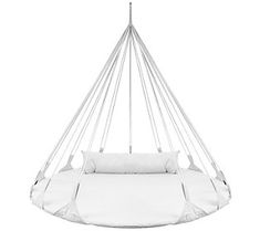 a white hanging chair with pillows on the bottom and back sides, in front of a white background