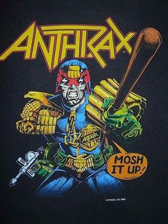 an advertisement for anthrax with a skeleton holding a baseball bat and wearing armor