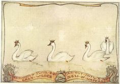 three white swans with crown on their heads and banner in front of them that says,