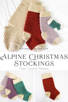 four pairs of socks with text reading alpine christmas stockings free crochet pattern