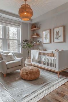 a baby's room with a white crib, rocking chair and large window