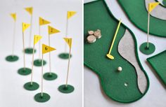 golf themed cupcake toppers and mini golf hole markers are shown in this collage