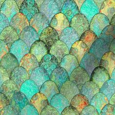 an abstract painting with many different colors and shapes in the shape of fish scales on a blue