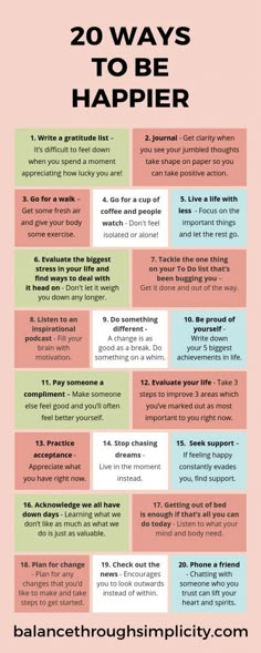 20 ways to be happier - Balance Through Simplicity Ways To Be Happy, Ways To Be Happier, Be Happier, Positive Self Affirmations, Self Care Activities, Feeling Down