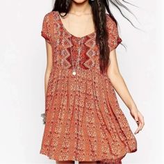 Free People Orange Aztec Dress Xs Nwt Casual Orange Printed Dresses, Orange Boho Print Short Sleeve Dress, Orange Boho Print Sundress, Orange Bohemian Mini Dress For Spring, Bohemian Orange Mini Dress For Spring, Orange Printed Mini Dress, Printed Orange Mini Dress, Orange Boho Print V-neck Dress, Orange V-neck Dress With Boho Print