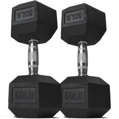 two black dumbbells sitting next to each other on a white background with the words sold below them