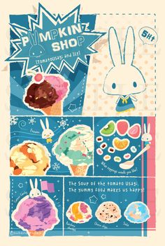 an illustrated poster with different things on it's side, including ice cream and donuts