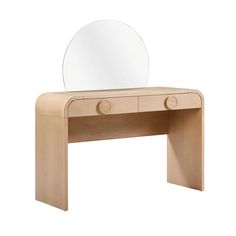 a wooden desk with a mirror on it