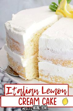 a close up of a cake on a plate with the words italian lemon cream cake