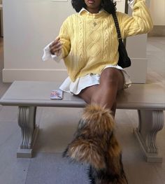 Fur Boots Outfit Ideas, Skirt With Fur Boots, Fur Boots Outfit Skirt, Skirt And Fur Boots, Cardigan And Skirt Outfit Black Women, White Boots Outfit Black Women, Brown Fur Boots Outfit, Fits With Fur Boots, Fur Boots Outfit Black Women