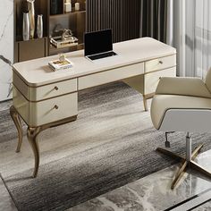 a white desk with a laptop on it in front of a mirror and chair near a window