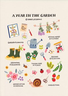 an illustrated poster with gardening related items