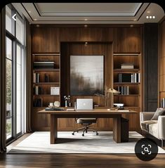 an office with wood paneling and leather chairs in front of a large open bookcase