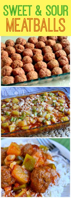 some meatballs and other foods are shown in this collage with the words sweet & sour meatballs