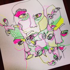 a drawing of a woman's face with different colored lines and dots on it