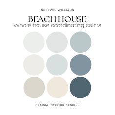 the beach house color scheme is shown in shades of blue, white and gray with text that