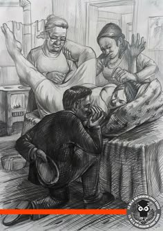 a black and white drawing of three people on a bed