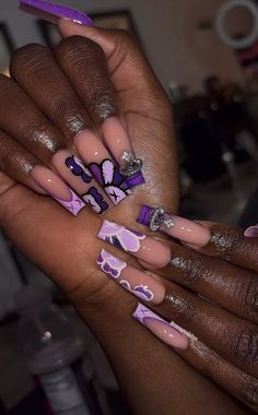 Cartoon Character Nails Acrylic, Long Junk Acrylic Nails, Kaws X Chrome Hearts Nails, Purple Xl Nails, Purple N Gold Nails, Baddie Nail Designs Blue, Nail Inspo Purple And White, Purple Nails For Birthday, Glam Long Nails