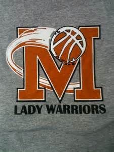 lady warriors t - shirt with basketball on the front and word m in orange letters