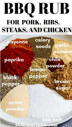 the ingredients for bbq rubs on a white plate with text overlay that says bbq rubs for pork, ribs, steaks, steaks, steaks, and chicken