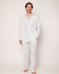 Game, set, sleep! Serve up a winning combination of comfort and style with our tennis print pajamas. Featuring a pair of classic crossed green racquets and a tennis ball, this design captures the undeniable charm of a classic sport. Whether you're a tennis enthusiast or simply appreciate it from the stands, these hand-drawn motifs celebrate the spirit of the game. The fabric is made from 100% of the finest quality cotton. It is yarn-dyed to prevent fade and brushed for added softness making the Green Relaxed Fit Printed Sleepwear, Green Printed Sleepwear With Relaxed Fit, Casual Green Printed Sleepwear, Fitted Green Cotton Sleepwear, Green Cotton Sleepwear For Overnight, Fitted Casual Sleepwear, White Sporty Sleepwear With Relaxed Fit, Match Point, Cotton Pajamas