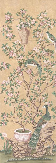 hand-painted wallpaper panel of Bismarck chinoiserie in milton colourway Chinoiserie Wallpaper Panels, Homemade Wallpaper, Handmade Wallpaper, Scenic Wallpaper, Hand Painted Wallpaper, Scenic Art, Chinoiserie Wallpaper, Signature Collection, Wallpaper Panels