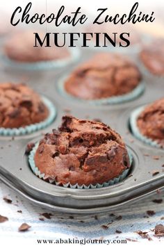 chocolate zucchini muffins in a muffin tin with text overlay