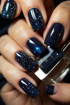 Create a starry night look on your nails with these 10 stunning nail designsFrom galaxy-inspired designs to sparkling star accentsthese nail art ideas will make your nails look out of this worldGet inspired and find the perfect starry night nail design for your next manicure. Night Nail Designs, Night Nail Art, Nails Inspiration Glitter, Starry Night Nails, Galaxy Nail Art, Galaxy Nails, A Starry Night, Cat Eye Nails, Beautiful Nail Designs