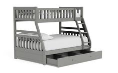 a bunk bed with drawers underneath it and a white sheet on the bottom half of the bed