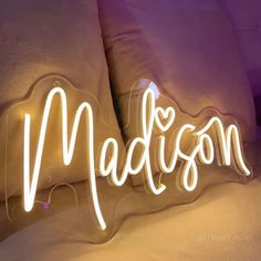 Madison Name Neon Sign, adding a pop of personality to your space - from manhattonneons.com. Neon Custom Sign, Madison Name, Led Name Sign, Yellow Neon Sign, Neon Name Sign, Cozy Dorm, Dream Dorm Room, Preppy Decor, Dream Dorm