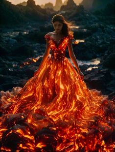 Fire Dress Gowns, Woman Warrior Aesthetic, Lava Dress, Fire Dress, Fantasy Dresses, Fantasy Gowns, Fairytale Dress, Fantasy Dress, Fantasy Clothing