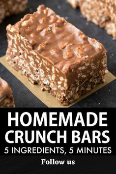 homemade crunch bars with chocolate frosting on top and text overlay that reads, 5 ingredients