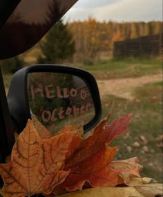 an autumn leaf is laying on the side mirror of a vehicle that reads hello october