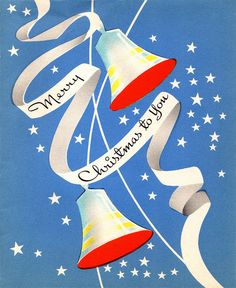 a christmas card with two bells hanging from strings