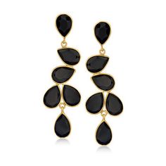 Ross-Simons - Black Onyx Drop Earrings in 18kt Gold Over Sterling. The perfect pair for that black tie event. Pear-shaped 7x10mm black onyx tumble downward in these chic and sophisticated drop earrings crafted in 18kt yellow gold over sterling silver. Hanging length is 1 7/8". Post/clutch, black onyx drop earrings. Essential Jewelry, Emerald Earrings Drop, Onyx Colour, Gemstone Drop Earrings, Black Onyx Bracelet, Jewelry Styles, Black Onyx Necklace, Clutch Black, Onyx Bracelet