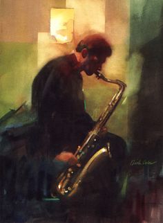 a painting of a man playing the saxophone