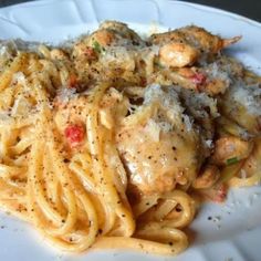 a white plate topped with pasta and meat covered in grated parmesan cheese